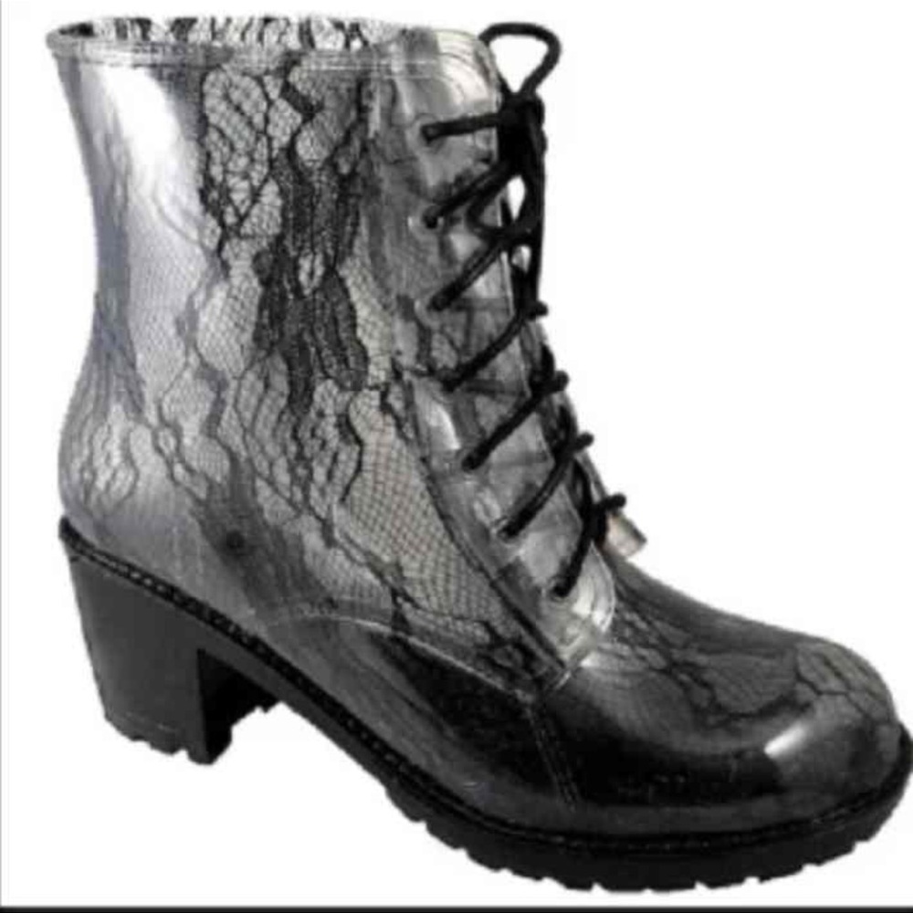 Women’s black lace clear lace up combat rain boots brand new in box sizes 5.5-10
